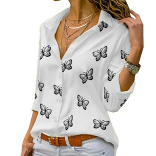 2022 Fashion Butterfly Print Women Blouses Long Sleeve Turn-down Collar Blouse Shirt Casual Tee Tops Elegant